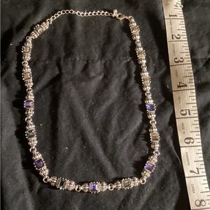 Necklace, silver, with purple, gray, blue, and gray crystals, claw clasp